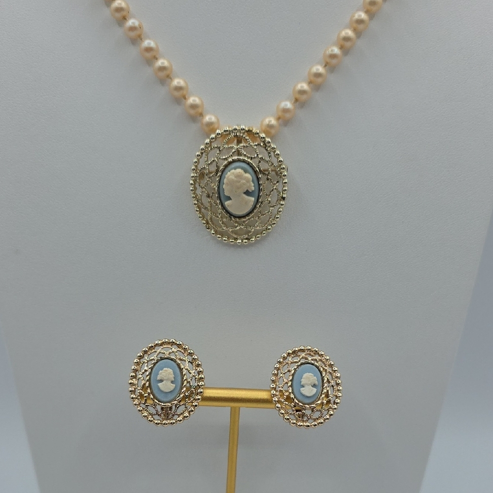Sarah Coventry Light Blue and Cream Cameo Pendant or Brooch and Earring Set